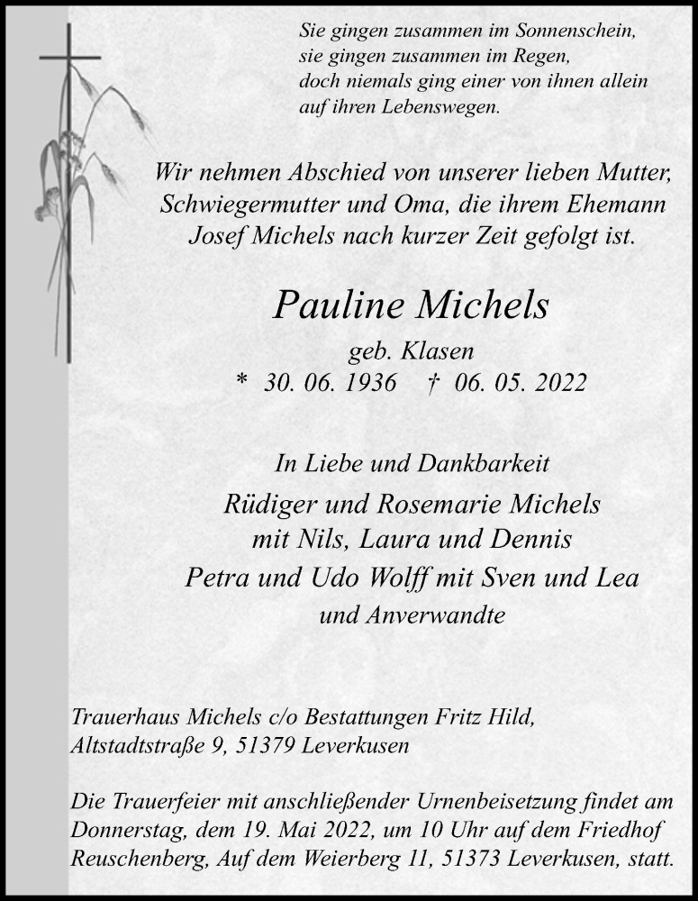  Traueranzeige für Pauline Michels vom 14.05.2022 aus Kölner Stadt-Anzeiger / Kölnische Rundschau / Express
