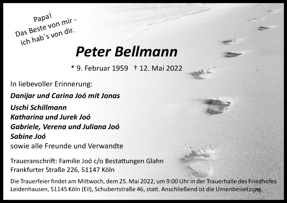  Traueranzeige für Peter Bellmann vom 21.05.2022 aus Kölner Stadt-Anzeiger / Kölnische Rundschau / Express