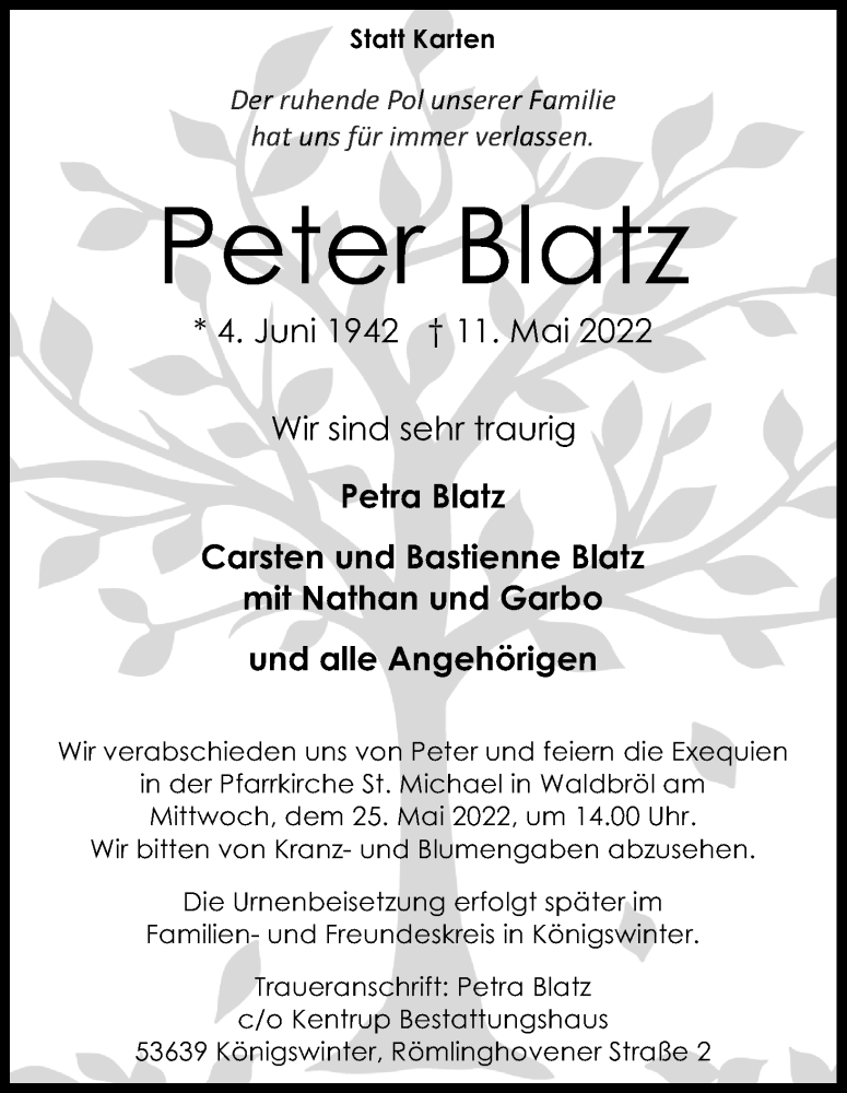  Traueranzeige für Peter Blatz vom 21.05.2022 aus Kölner Stadt-Anzeiger / Kölnische Rundschau / Express