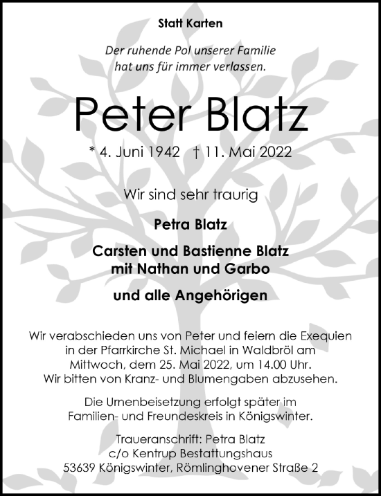 Anzeige von Peter Blatz von  Lokalanzeiger 