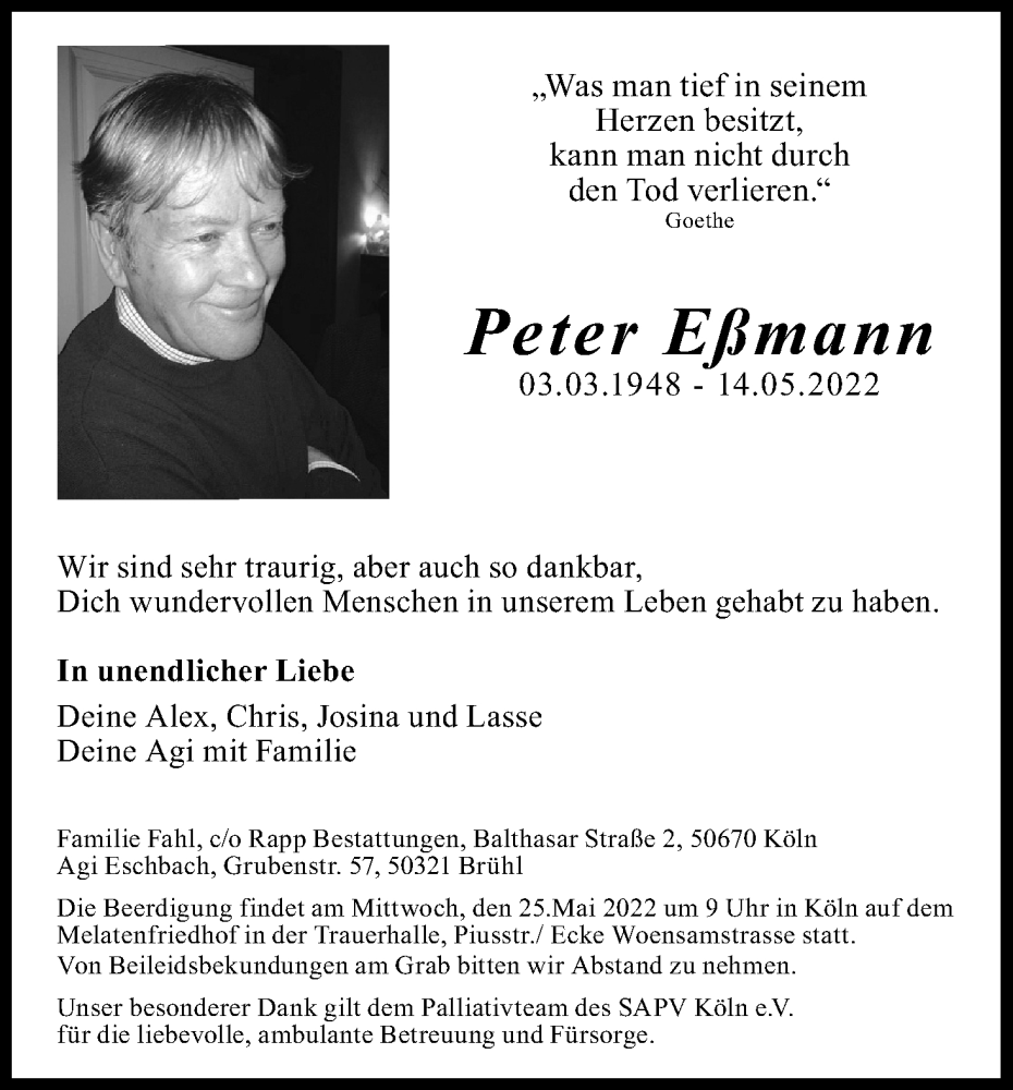  Traueranzeige für Peter Eßmann vom 21.05.2022 aus Kölner Stadt-Anzeiger / Kölnische Rundschau / Express