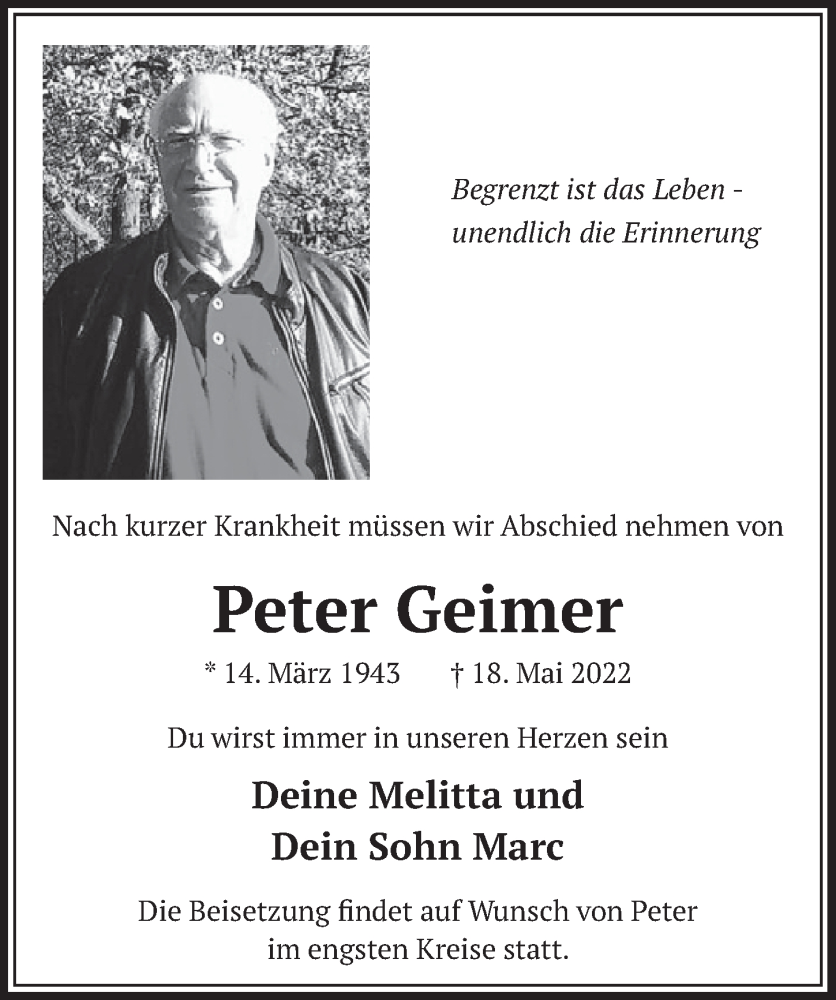  Traueranzeige für Peter Geimer vom 27.05.2022 aus  Wochenende 