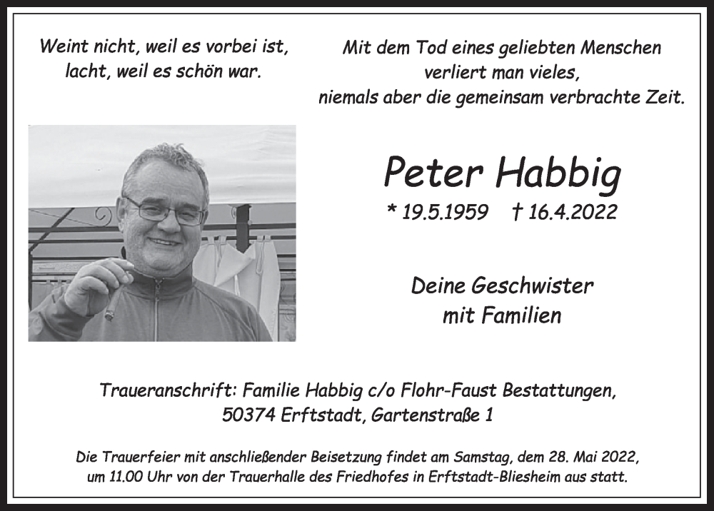  Traueranzeige für Peter Habbig vom 20.05.2022 aus  Werbepost 