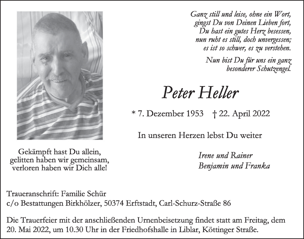  Traueranzeige für Peter Heller vom 13.05.2022 aus  Werbepost 