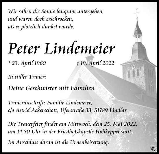 Anzeige von Peter Lindemeier von Kölner Stadt-Anzeiger / Kölnische Rundschau / Express