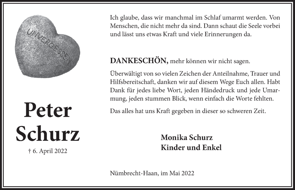  Traueranzeige für Peter Schurz vom 20.05.2022 aus  Lokalanzeiger 