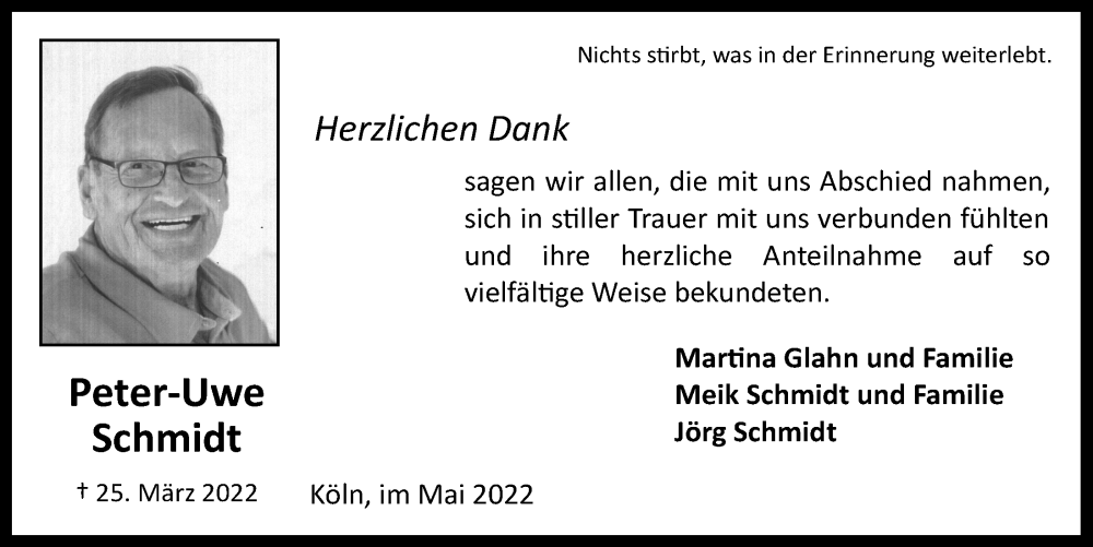  Traueranzeige für Peter-Uwe Schmidt vom 13.05.2022 aus  EXPRESS - Die Woche 