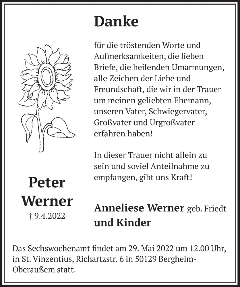  Traueranzeige für Peter Werner vom 13.05.2022 aus  Werbepost 