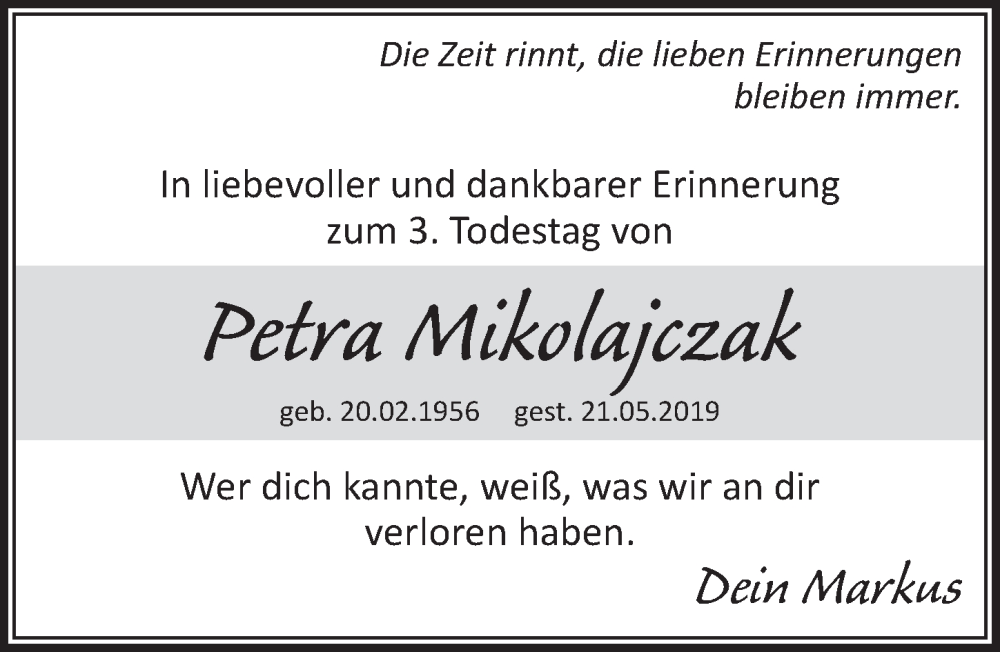  Traueranzeige für Petra Mikolajczak vom 20.05.2022 aus  Extra Blatt 