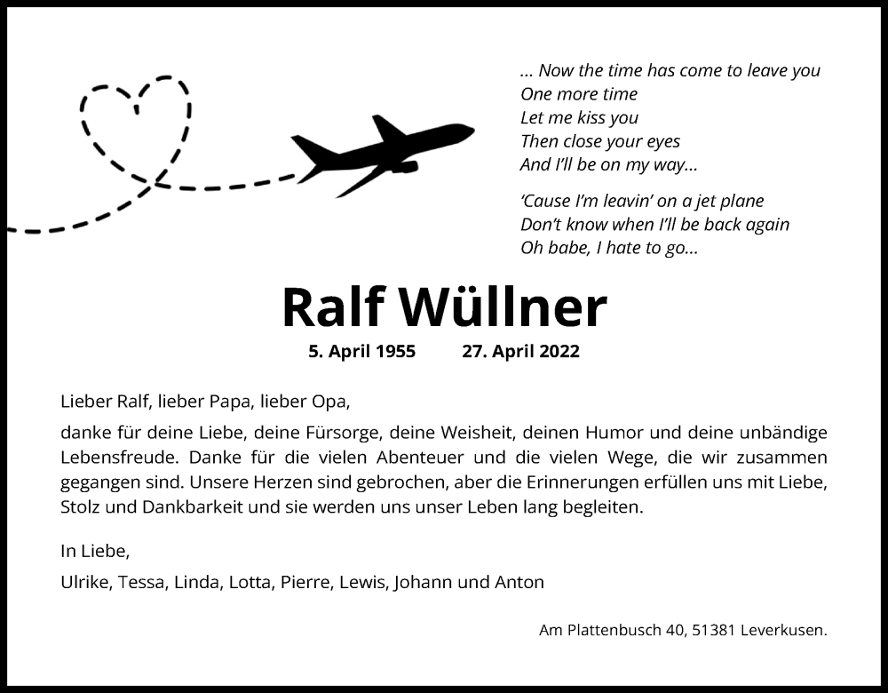  Traueranzeige für Ralf Wüllner vom 07.05.2022 aus Kölner Stadt-Anzeiger / Kölnische Rundschau / Express