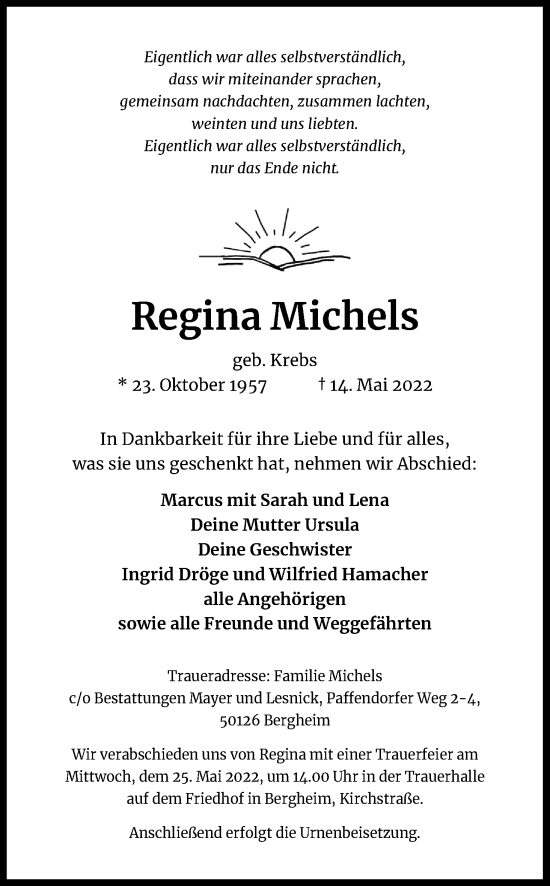 Anzeige von Regina Michels von Kölner Stadt-Anzeiger / Kölnische Rundschau / Express