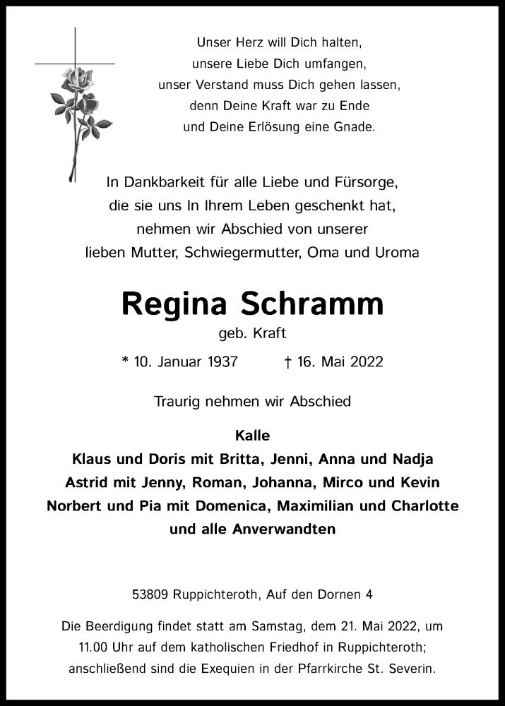  Traueranzeige für Regina Schramm vom 19.05.2022 aus Kölner Stadt-Anzeiger / Kölnische Rundschau / Express