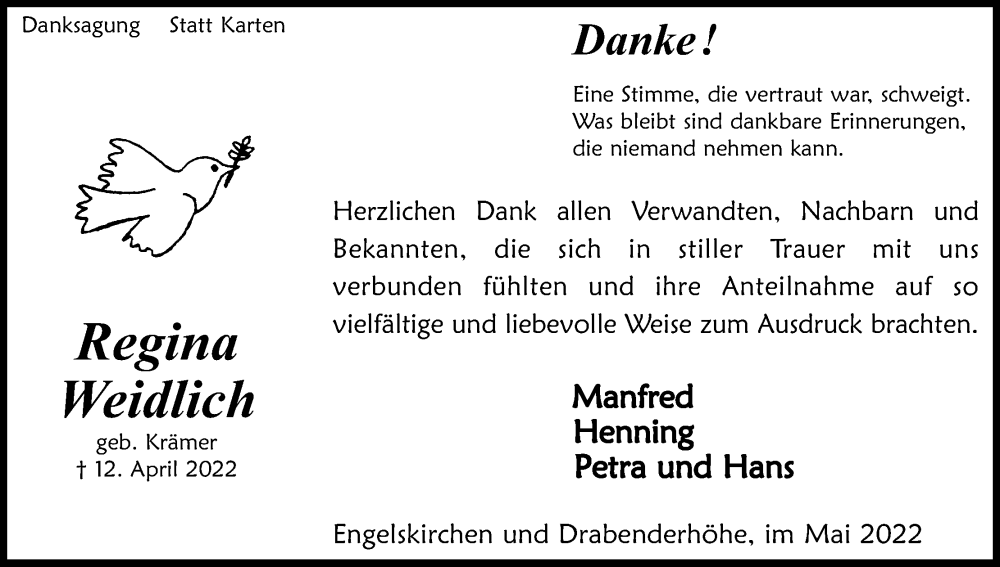  Traueranzeige für Regina Weidlich vom 07.05.2022 aus Kölner Stadt-Anzeiger / Kölnische Rundschau / Express