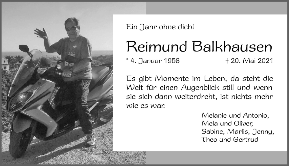 Traueranzeige für Reimund Balkhausen vom 14.05.2022 aus  Blickpunkt Euskirchen 