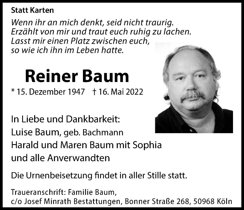  Traueranzeige für Reiner Baum vom 21.05.2022 aus Kölner Stadt-Anzeiger / Kölnische Rundschau / Express