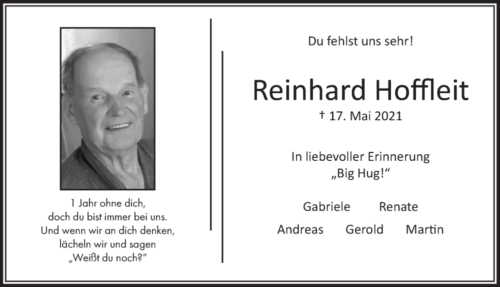  Traueranzeige für Reinhard Hoffleit vom 13.05.2022 aus  Bergisches Handelsblatt 