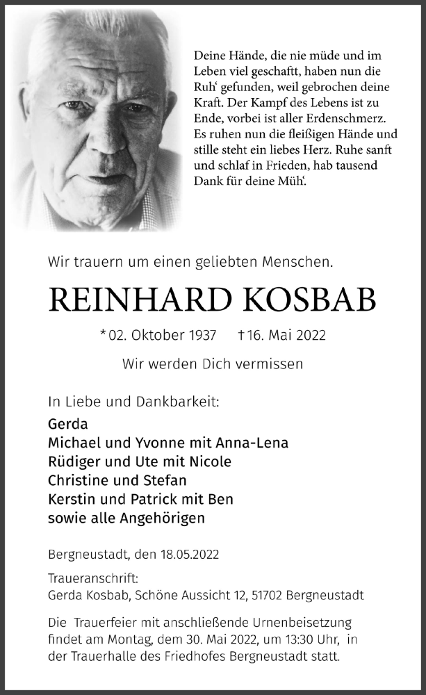  Traueranzeige für Reinhard Kosbab vom 20.05.2022 aus  Anzeigen Echo 