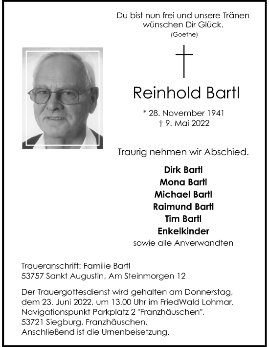 Anzeige von Reinhold Bartl von Kölner Stadt-Anzeiger / Kölnische Rundschau / Express