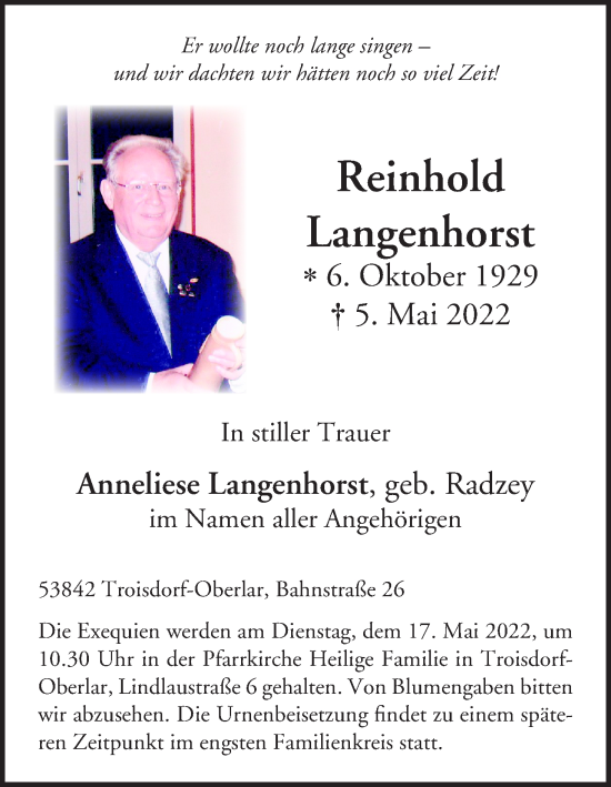 Anzeige von Reinhold Langenhorst von Kölner Stadt-Anzeiger / Kölnische Rundschau / Express