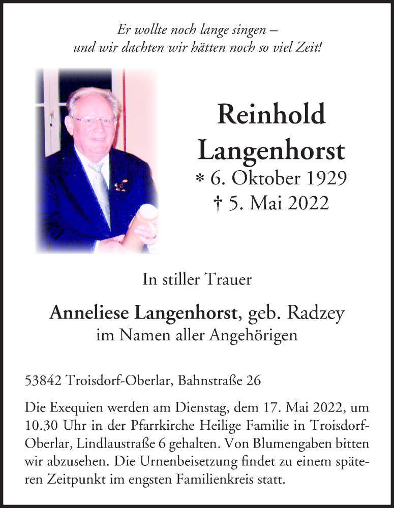  Traueranzeige für Reinhold Langenhorst vom 14.05.2022 aus Kölner Stadt-Anzeiger / Kölnische Rundschau / Express