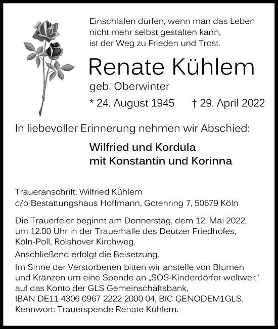 Anzeige von Renate Kühlem von Kölner Stadt-Anzeiger / Kölnische Rundschau / Express