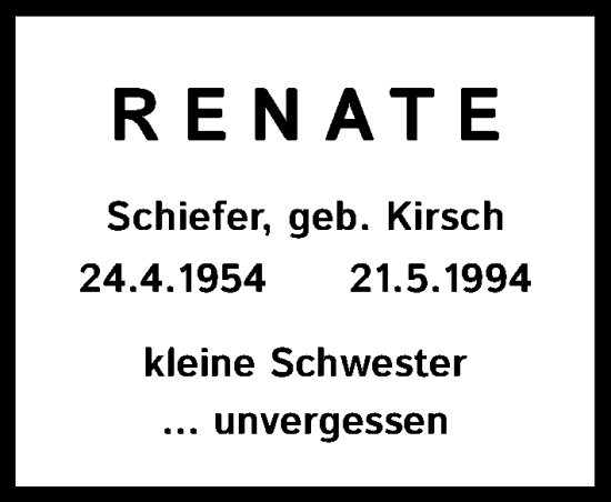 Anzeige von Renate Schiefer von Kölner Stadt-Anzeiger / Kölnische Rundschau / Express