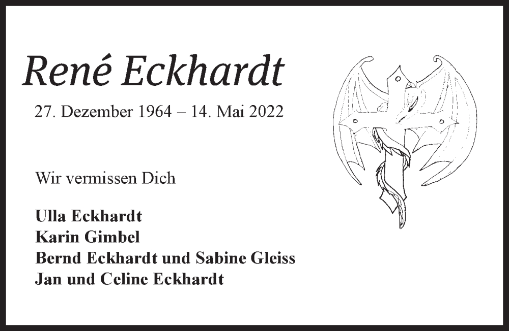  Traueranzeige für René Eckhardt vom 27.05.2022 aus  Bergisches Handelsblatt 