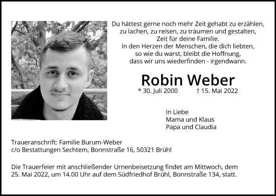 Anzeige von Robin Weber von Kölner Stadt-Anzeiger / Kölnische Rundschau / Express