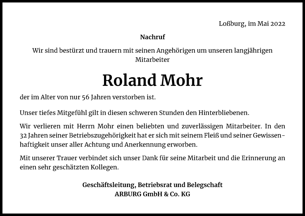  Traueranzeige für Roland Mohr vom 28.05.2022 aus Kölner Stadt-Anzeiger / Kölnische Rundschau / Express
