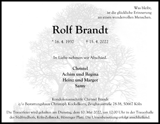 Anzeige von Rolf Brandt von Kölner Stadt-Anzeiger / Kölnische Rundschau / Express