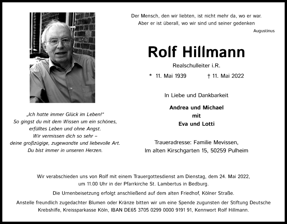  Traueranzeige für Rolf Hillmann vom 21.05.2022 aus Kölner Stadt-Anzeiger / Kölnische Rundschau / Express