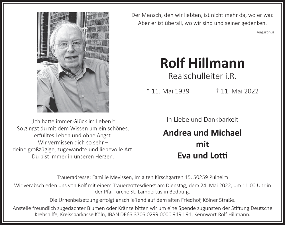  Traueranzeige für Rolf Hillmann vom 20.05.2022 aus  Werbepost 