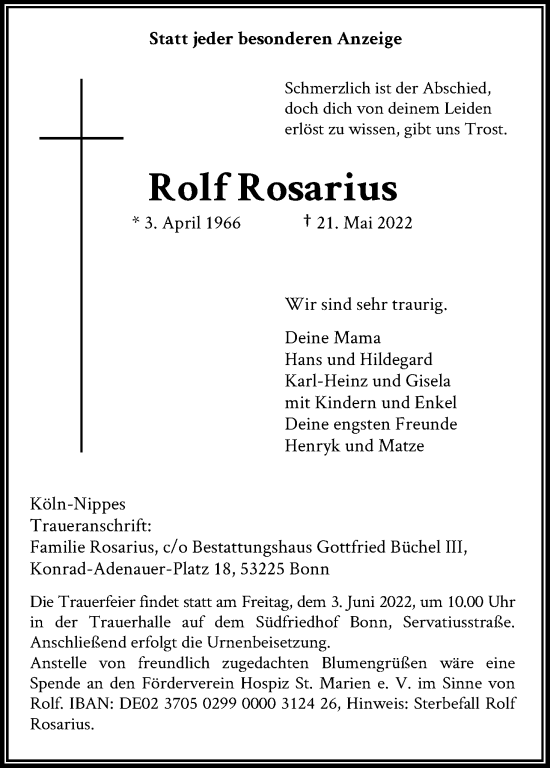 Anzeige von Rolf Rosarius von Kölner Stadt-Anzeiger / Kölnische Rundschau / Express