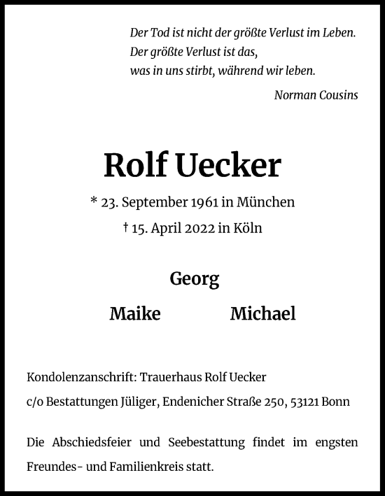 Anzeige von Rolf Uecker von Kölner Stadt-Anzeiger / Kölnische Rundschau / Express