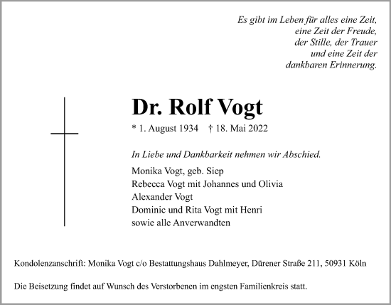 Anzeige von Rolf Vogt von Kölner Stadt-Anzeiger / Kölnische Rundschau / Express