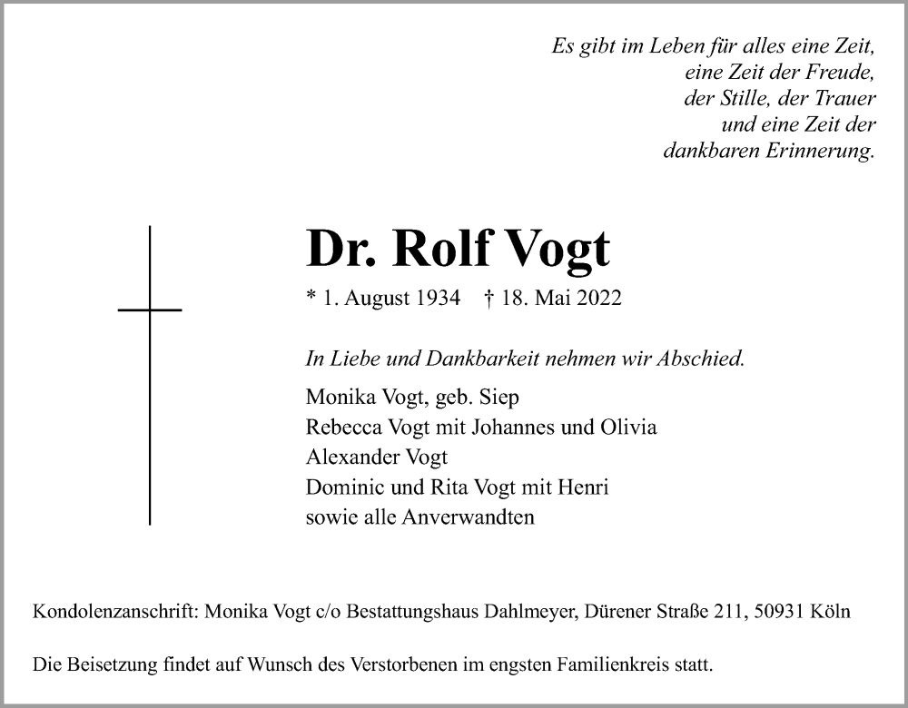  Traueranzeige für Rolf Vogt vom 28.05.2022 aus Kölner Stadt-Anzeiger / Kölnische Rundschau / Express