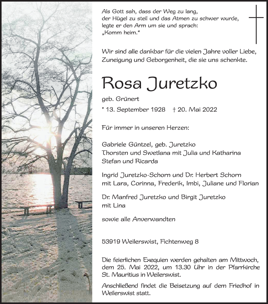  Traueranzeige für Rose Juretzko vom 23.05.2022 aus Kölner Stadt-Anzeiger / Kölnische Rundschau / Express