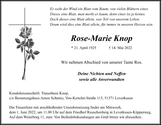 Anzeige von Rose-Marie Knop von Kölner Stadt-Anzeiger / Kölnische Rundschau / Express
