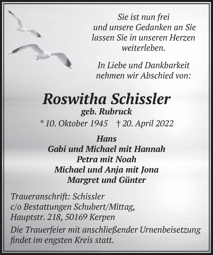  Traueranzeige für Roswitha Schissler vom 06.05.2022 aus  Werbepost 