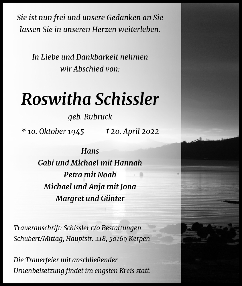  Traueranzeige für Roswitha Schissler vom 07.05.2022 aus Kölner Stadt-Anzeiger / Kölnische Rundschau / Express