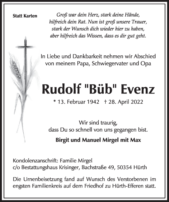 Anzeige von Rudolf  Evenz von  Wochenende 