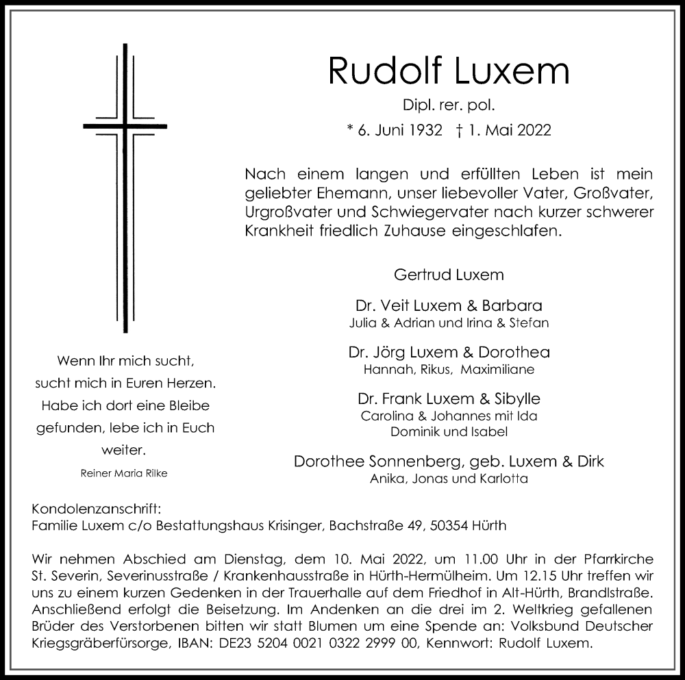  Traueranzeige für Rudolf Luxem vom 07.05.2022 aus Kölner Stadt-Anzeiger / Kölnische Rundschau / Express