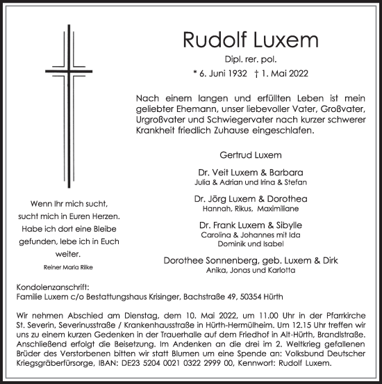 Anzeige von Rudolf Luxem von  Wochenende 