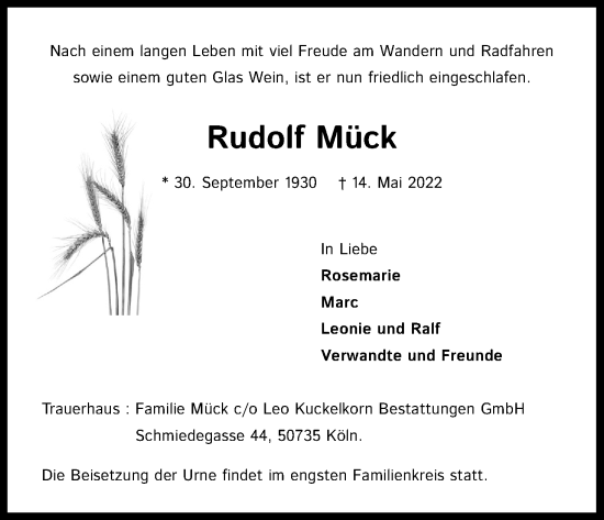 Anzeige von Rudolf Mück von Kölner Stadt-Anzeiger / Kölnische Rundschau / Express