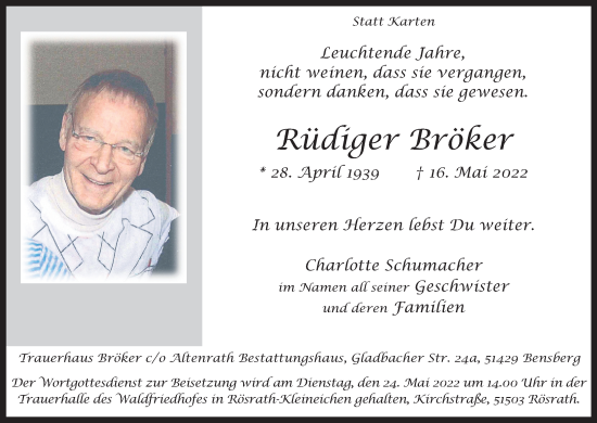 Anzeige von Rüdiger Bröker von Kölner Stadt-Anzeiger / Kölnische Rundschau / Express