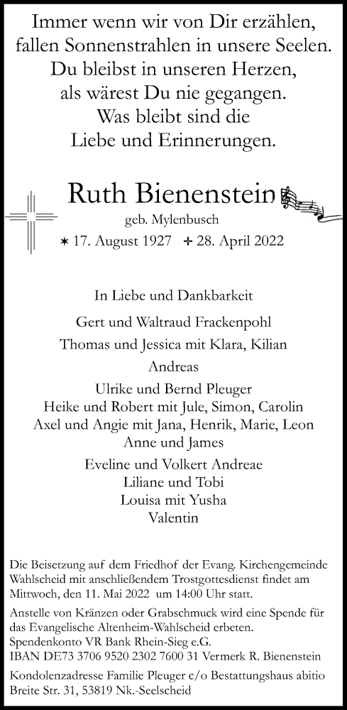  Traueranzeige für Ruth Bienenstein vom 07.05.2022 aus Kölner Stadt-Anzeiger / Kölnische Rundschau / Express