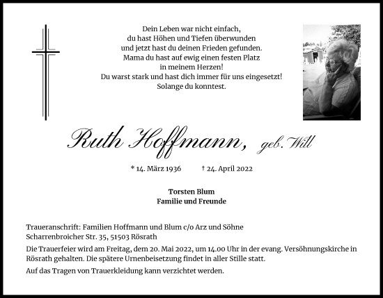 Anzeige von Ruth Hoffmann von Kölner Stadt-Anzeiger / Kölnische Rundschau / Express