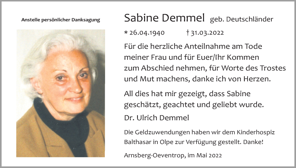  Traueranzeige für Sabine Demmel vom 28.05.2022 aus Kölner Stadt-Anzeiger / Kölnische Rundschau / Express