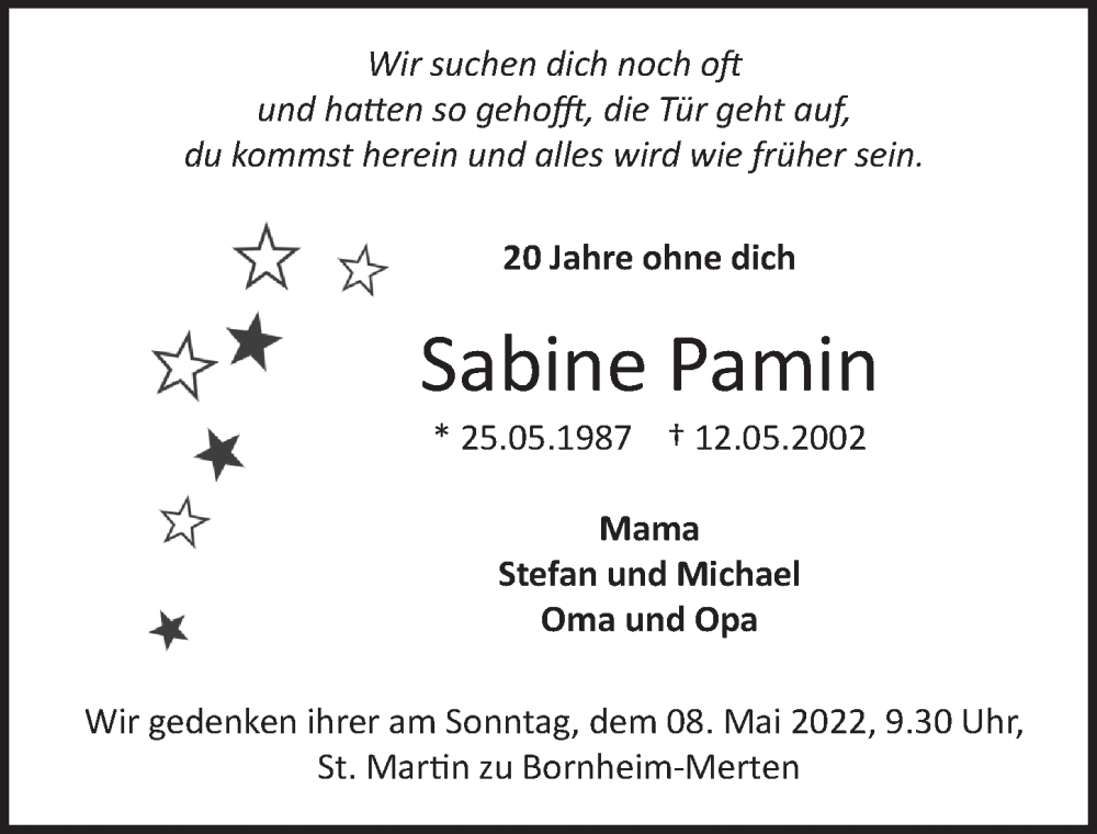  Traueranzeige für Sabine Pamin vom 06.05.2022 aus  Schlossbote/Werbekurier 