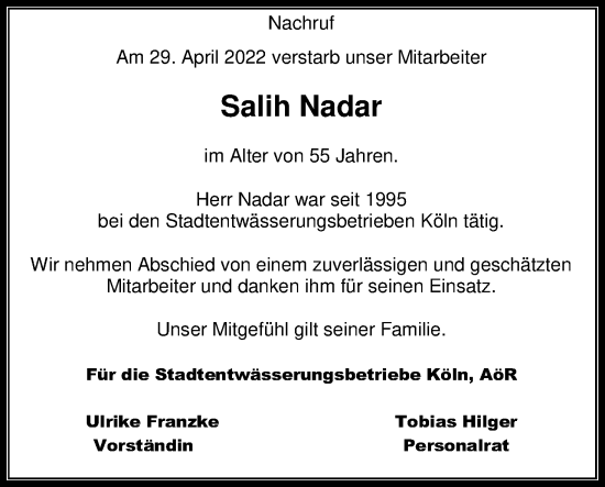 Anzeige von Salih Nadar von Kölner Stadt-Anzeiger / Kölnische Rundschau / Express